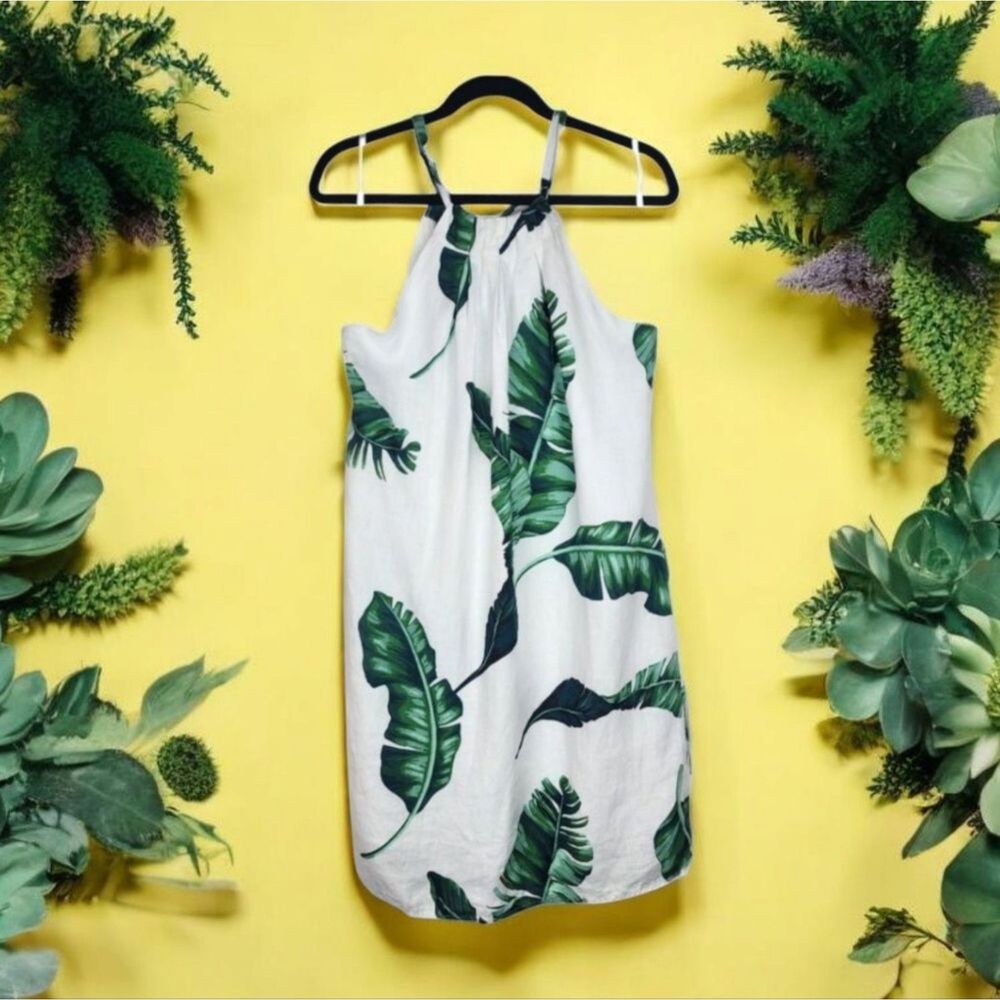 28 Palms White Linen Halter Neck Dress Tropical Leaf Print Size M
